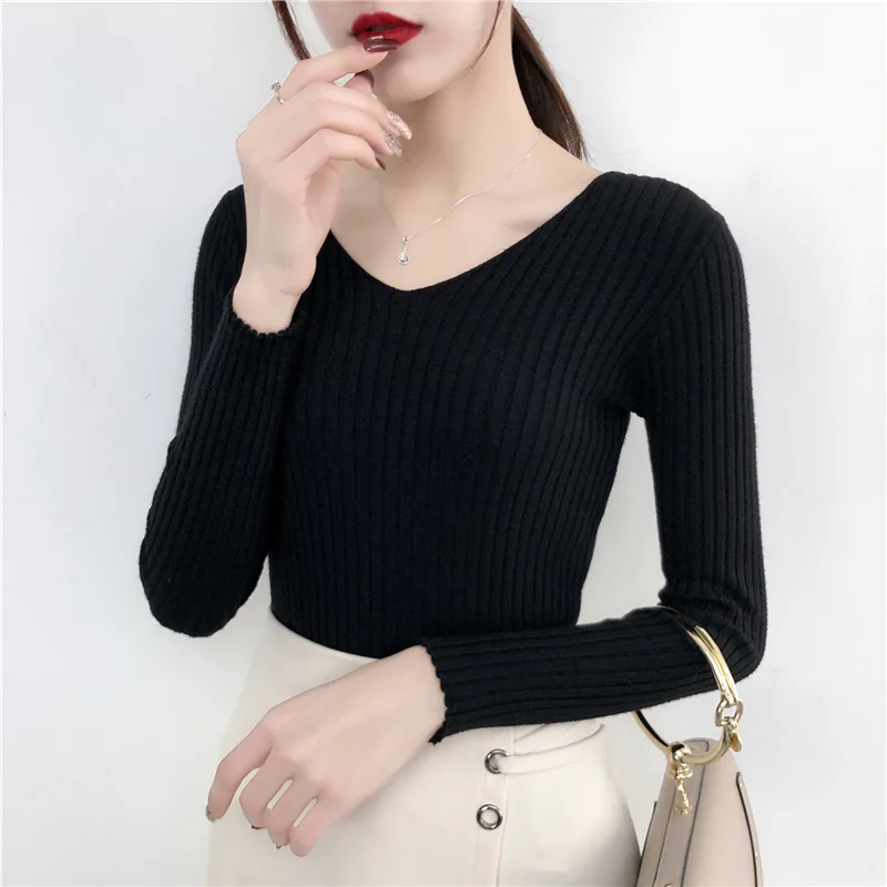 Alternative view of Autumn Winter Knitted V Neck Women Sweaters Casual Long Sleeve Pullover Soft Warm Sweater Femme Fashion Basic Solid Jersey Tops