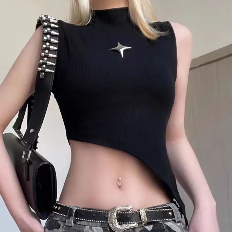 Y2K Crop Knit Top e-girl Women Sleeveless Asymmetrical Hem High Neck Stretchy Fitted Sweater Vest Summer 90s Outfit Y2K Crop Knit Top e-girl Women Sleeveless Asymmetrical Hem High Neck Stretchy Fitted Sweater Vest Summer 90s Outfit