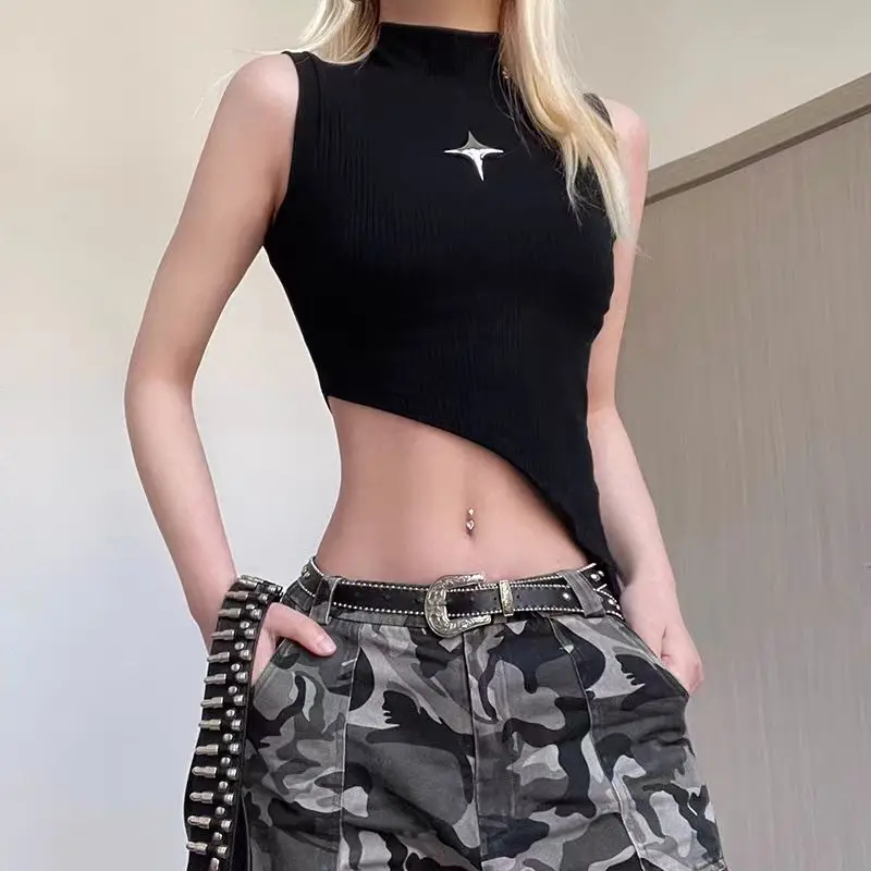Y2K Crop Knit Top e-girl Women Sleeveless Asymmetrical Hem High Neck Stretchy Fitted Sweater Vest Summer 90s Outfit Y2K Crop Knit Top e-girl Women Sleeveless Asymmetrical Hem High Neck Stretchy Fitted Sweater Vest Summer 90s Outfit