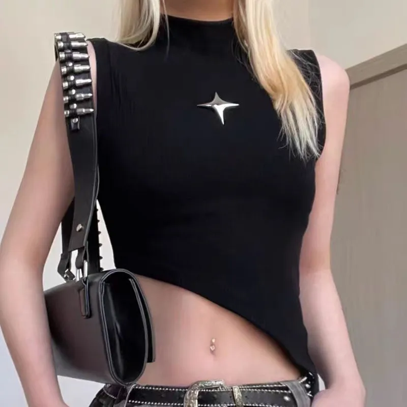 Y2K Crop Knit Top e-girl Women Sleeveless Asymmetrical Hem High Neck Stretchy Fitted Sweater Vest Summer 90s Outfit Y2K Crop Knit Top e-girl Women Sleeveless Asymmetrical Hem High Neck Stretchy Fitted Sweater Vest Summer 90s Outfit