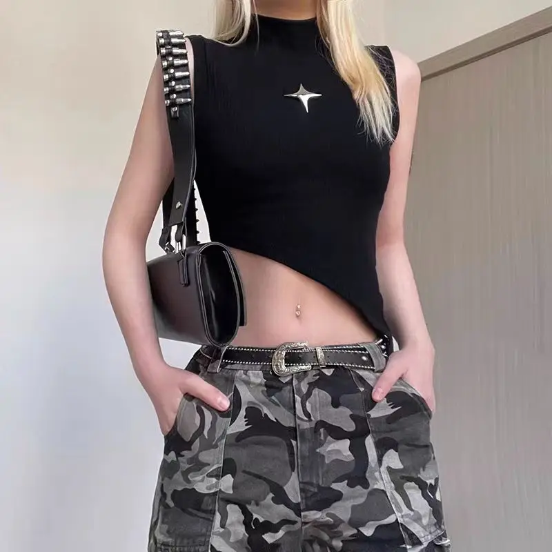 Y2K Crop Knit Top e-girl Women Sleeveless Asymmetrical Hem High Neck Stretchy Fitted Sweater Vest Summer 90s Outfit Y2K Crop Knit Top e-girl Women Sleeveless Asymmetrical Hem High Neck Stretchy Fitted Sweater Vest Summer 90s Outfit