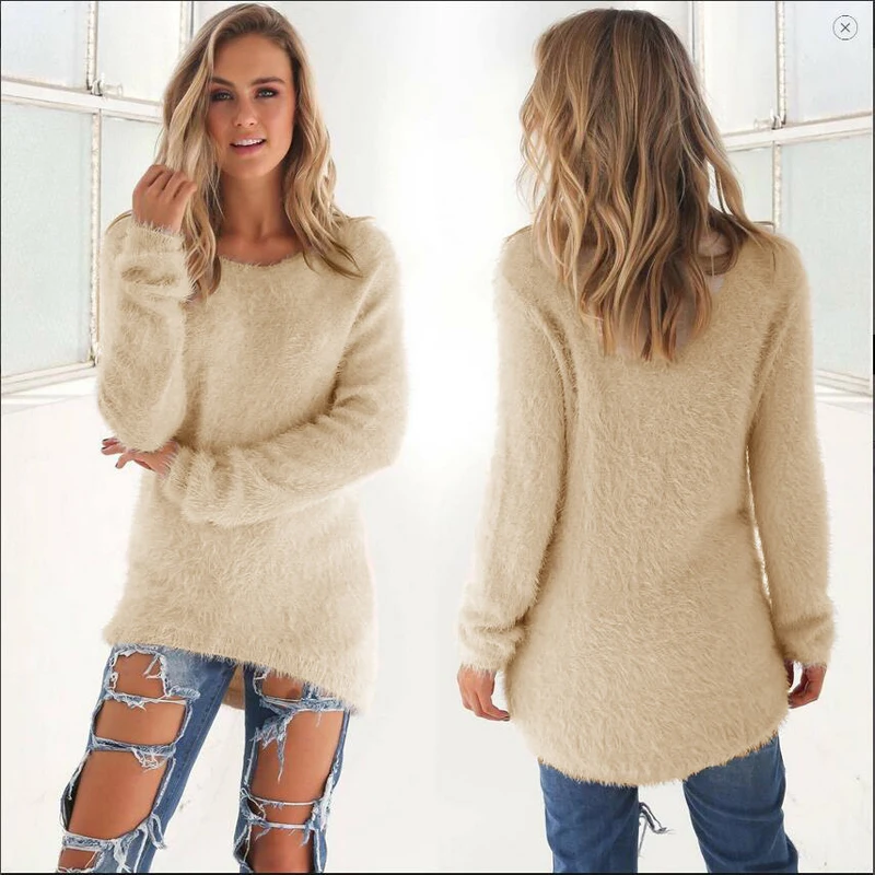 Alternative view of Women Warm Sweater Solid Color O Neck Loose Cotton Knitted Pullover Long Sweater Casual Oversize Blouse Ladies Hipster Clothing
