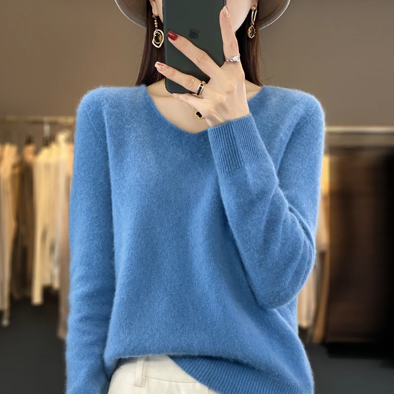 Alternative view of New 100% Merino pure wool sweater in autumn and winter women's V-neck knitted long-sleeved solid color warm sweater