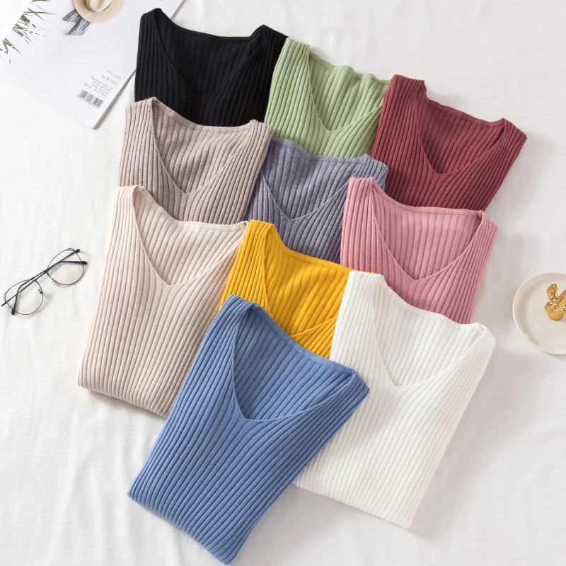 Alternative view of Autumn Winter Women Sweaters Casual Long Sleeve Knitted V Neck Pullover Sweater Femme Basic Solid Jersey Tops Fashion Clothes