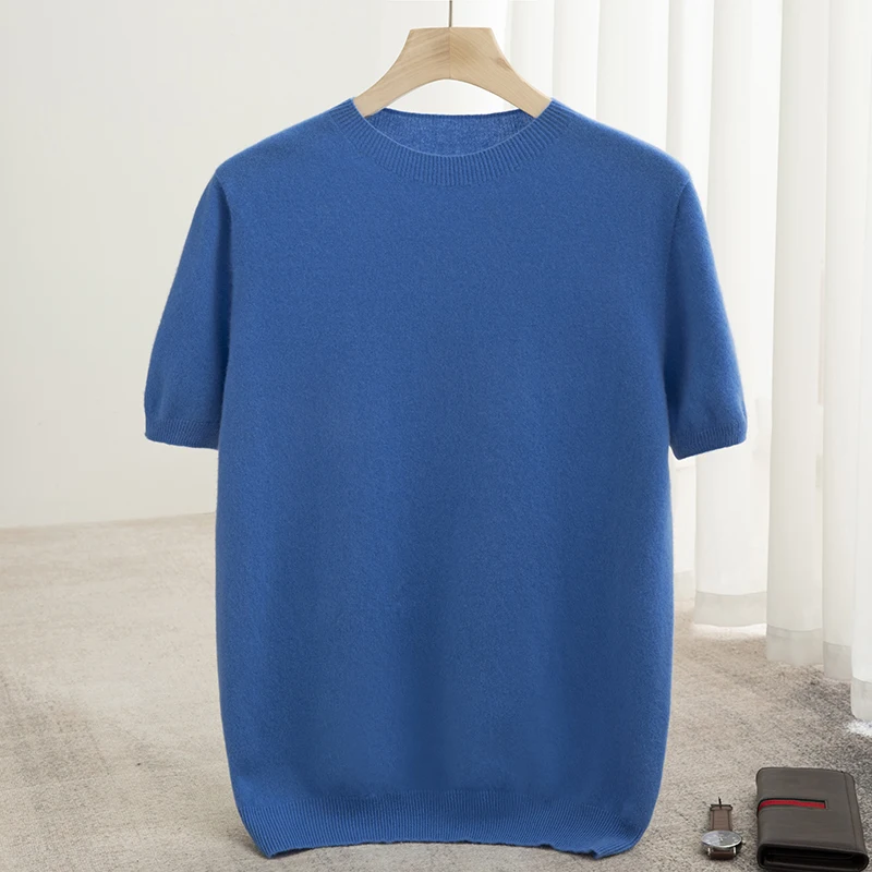 Alternative view of Spring Summer Men's Short Sleeved Pure Wool T-Shirt Sweater O-neck Solid Color Loose Pullover Knitted Sweater Casual Top