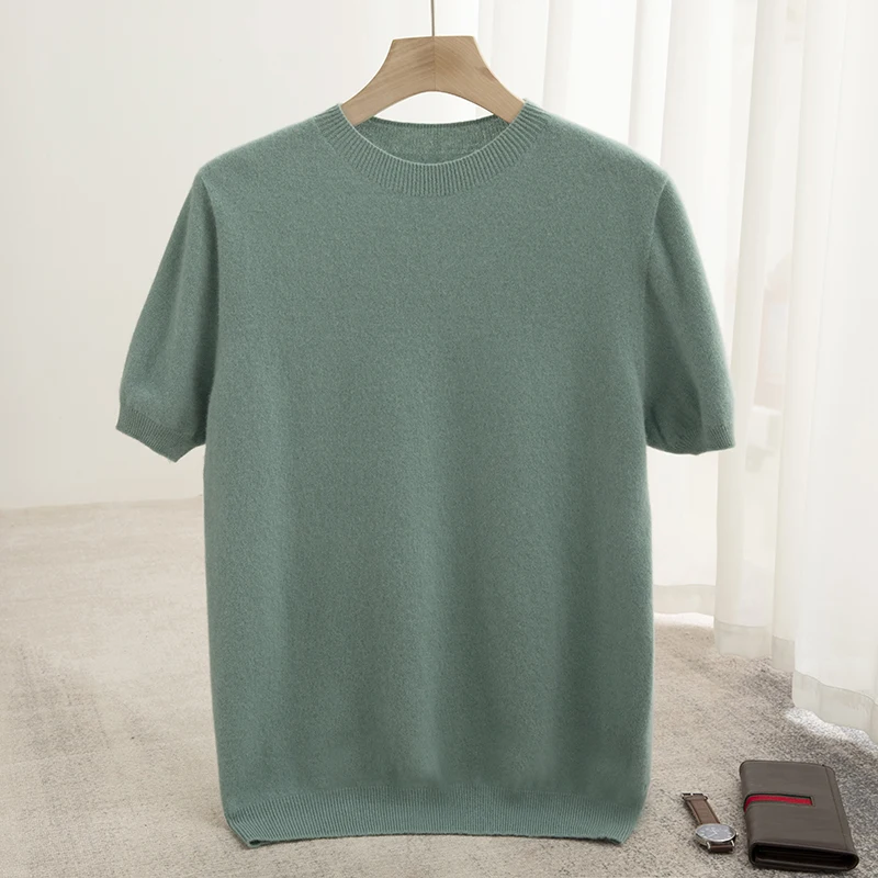 Spring Summer Men's Short Sleeved Pure Wool T-Shirt Sweater O-neck Solid Color Loose Pullover Knitted Sweater Casual Top