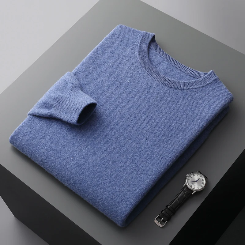 Alternative view of 100% merino wool men's sweater O-neck knitted long-sleeved men's pullover basic solid color casual fashion men's top