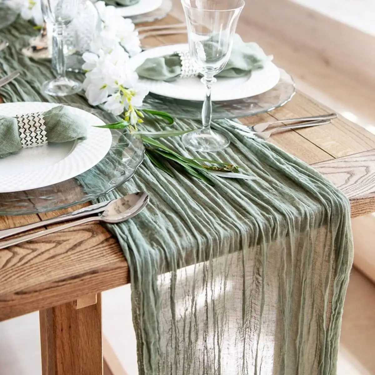 Alternative view of Semi-Sheer Gauze Table Runner Sage Cheesecloth Table Setting Dining Vintage Wedding Party Christmas Banquets Arches Cake Decor