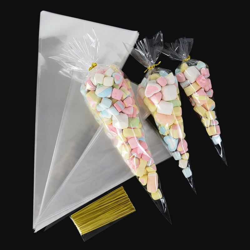 Alternative view of 50pcs Clear Cone Candy Storage Bags Cones Transprant Plastic Bag Popcorn Candy Bags for Baby Shower Wedding Party Bags Supplies
