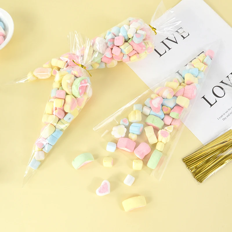 50pcs Clear Cone Candy Storage Bags Cones Transprant Plastic Bag Popcorn Candy Bags for Baby Shower Wedding Party Bags Supplies