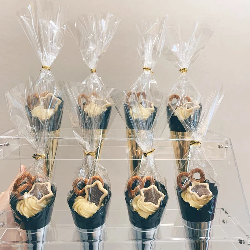50pcs Clear Cone Candy Storage Bags Cones Transprant Plastic Bag Popcorn Candy Bags for Baby Shower Wedding Party Bags Supplies