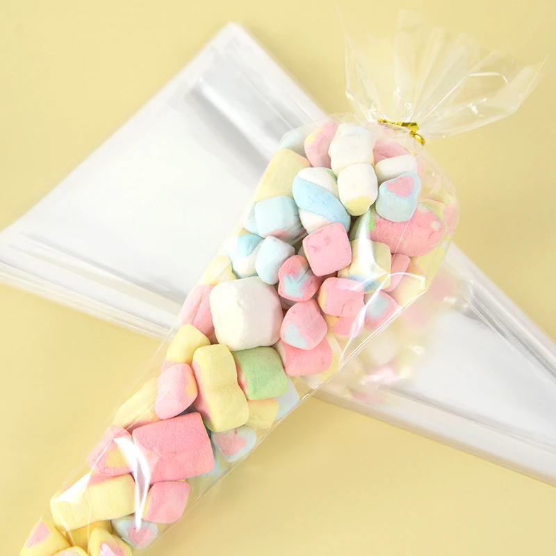 50pcs Clear Cone Candy Storage Bags Cones Transprant Plastic Bag Popcorn Candy Bags for Baby Shower Wedding Party Bags Supplies