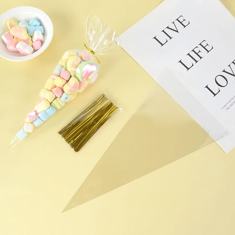 50pcs Clear Cone Candy Storage Bags Cones Transprant Plastic Bag Popcorn Candy Bags for Baby Shower Wedding Party Bags Supplies