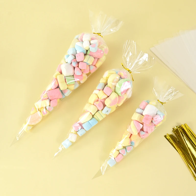 50pcs Clear Cone Candy Storage Bags Cones Transprant Plastic Bag Popcorn Candy Bags for Baby Shower Wedding Party Bags Supplies