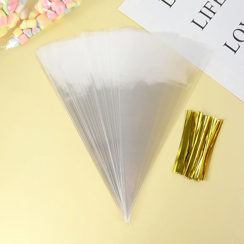 50pcs Clear Cone Candy Storage Bags Cones Transprant Plastic Bag Popcorn Candy Bags for Baby Shower Wedding Party Bags Supplies
