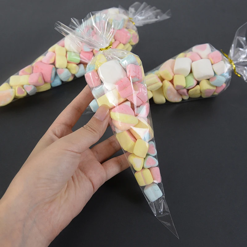 50pcs Clear Cone Candy Storage Bags Cones Transprant Plastic Bag Popcorn Candy Bags for Baby Shower Wedding Party Bags Supplies