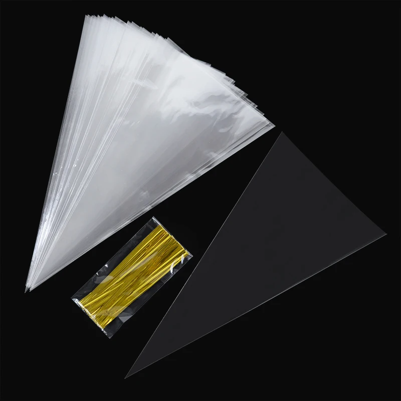 50pcs Clear Cone Candy Storage Bags Cones Transprant Plastic Bag Popcorn Candy Bags for Baby Shower Wedding Party Bags Supplies