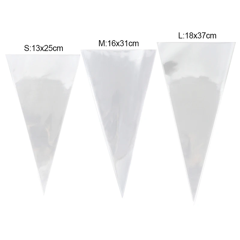 50pcs Clear Cone Candy Storage Bags Cones Transprant Plastic Bag Popcorn Candy Bags for Baby Shower Wedding Party Bags Supplies