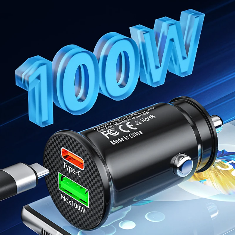 100W Mini USB Car Charger Fast Charging Type C QC3.0 PD Auto Chargers Car Phone Charger Adapter For iphone Samsung Huawei Xiaomi