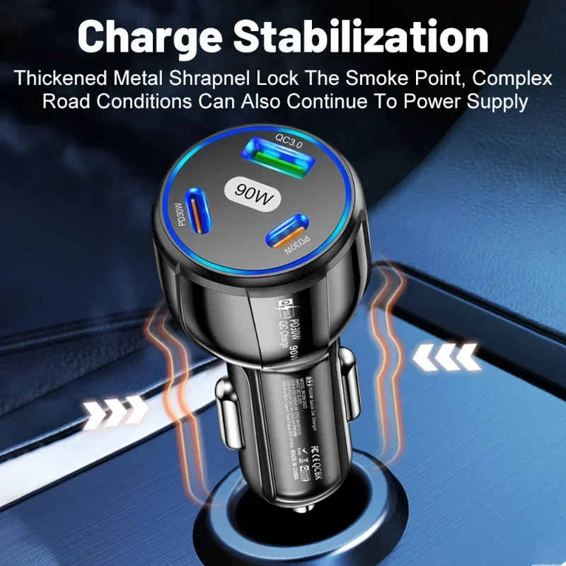 Alternative view of 90W Fast Charger 3 Ports PD USB Car Charging Mobile Phone Type-C Adapter Quick Charger in Car for iPhone 14 15 Pro/Max Samsung