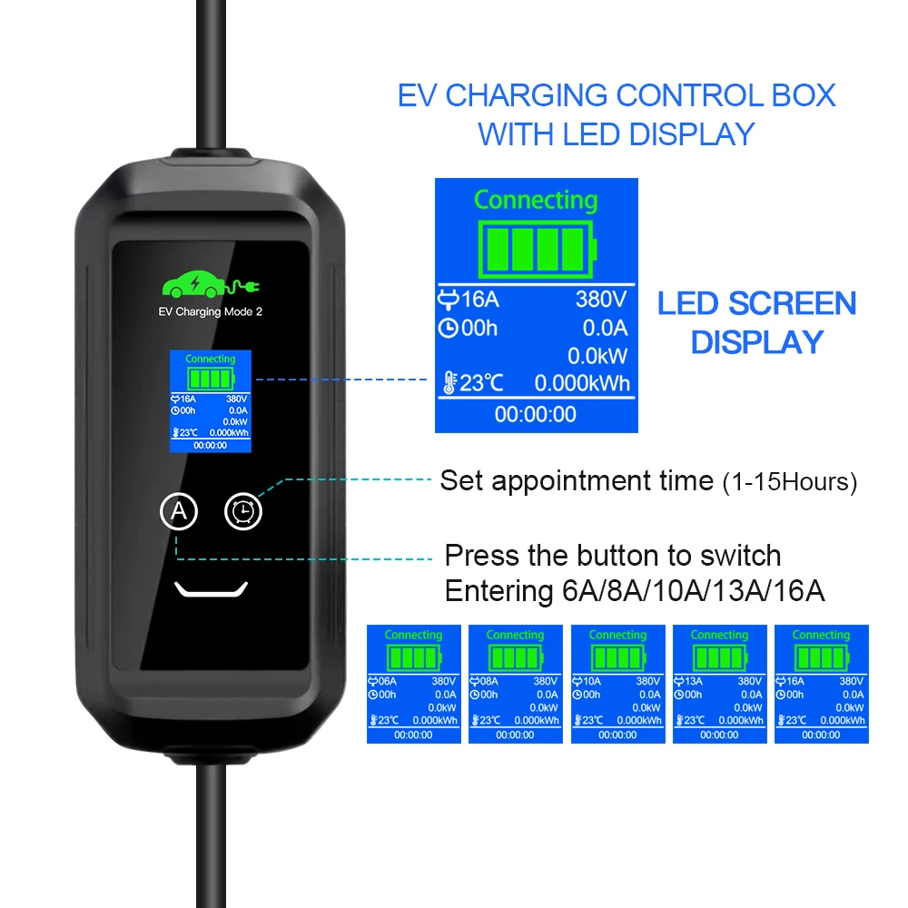 Alternative view of 6/8/10/13/16A 3P 11KW Portable EV Charger Tuya APP Phone Control Wifi Charging For Eletric Vehicle Hybrid Cars Cable 5M