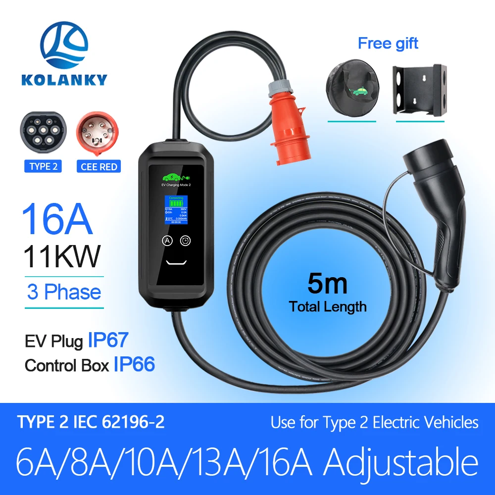 6/8/10/13/16A 3P 11KW Portable EV Charger Tuya APP Phone Control Wifi Charging For Eletric Vehicle Hybrid Cars Cable 5M