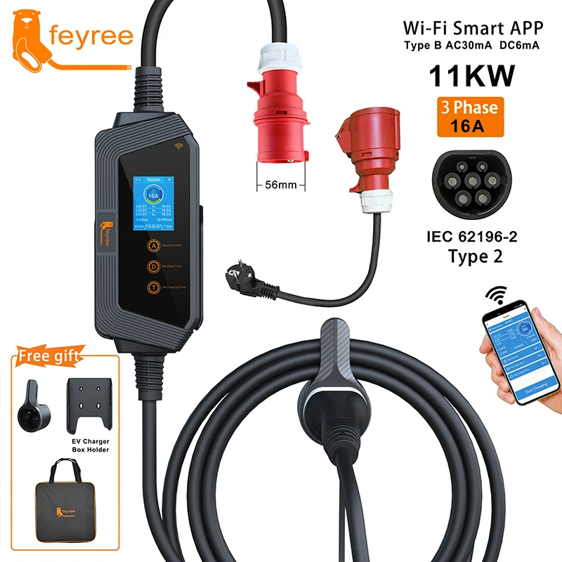 Alternative view of feyree Type2 Cable Portable EV Charger 11KW 16A 3P Car Charger Wi-Fi APP Control EVSE Charging Box CEE Plug for Electric Vehicle