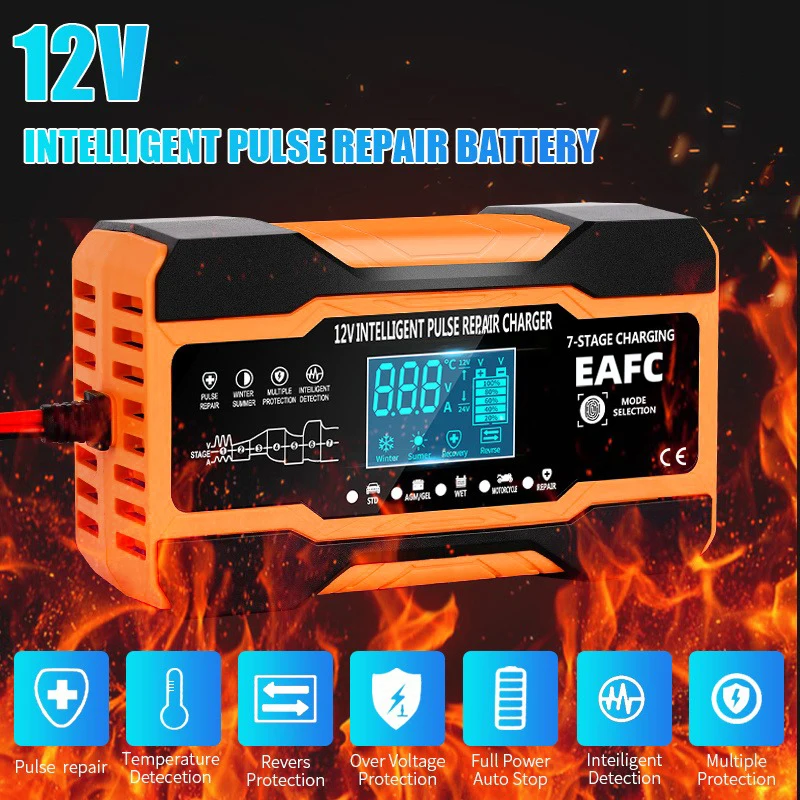 Alternative view of 12V 24V 12A 10A Battery Charger Smart Fast Charging for Car Batteries 7-Stage Charge Pulse Repair for AGM GEL WET Lead Acid