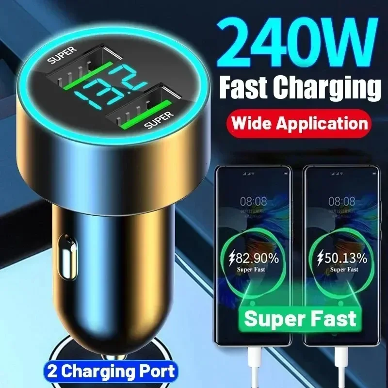 240W Car Charger Dual USB Ports 120W Super Fast Charging with Digital Display Quick Charging Adapter for IPhone Samsung Xiaomi