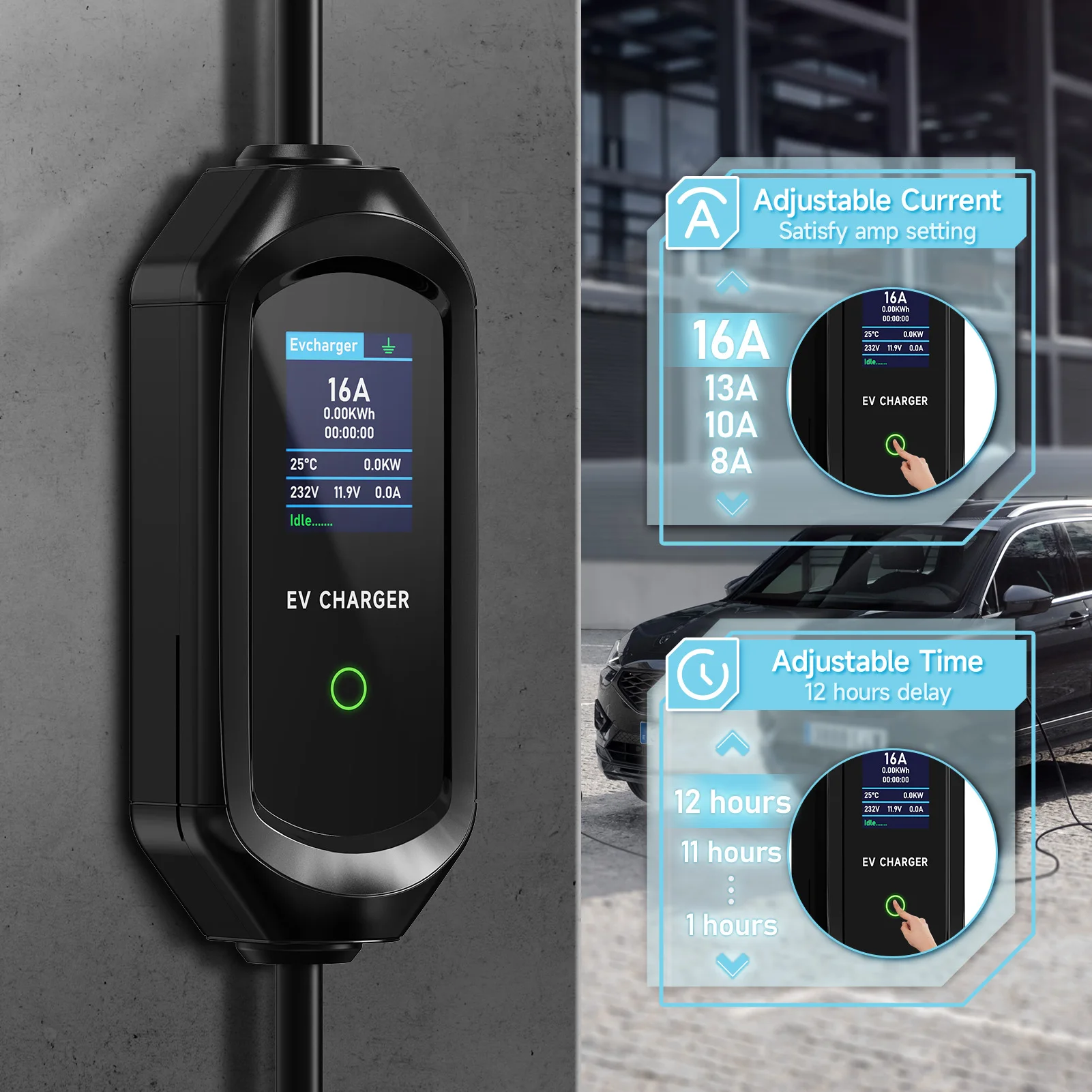 Alternative view of AFEEV Portable EV Charger Type2 IEC62196-2 16A EVSE Fast Charging Cable Type1 SAE J1772 Wallbox 3.5KW GBT Electric Car Charger