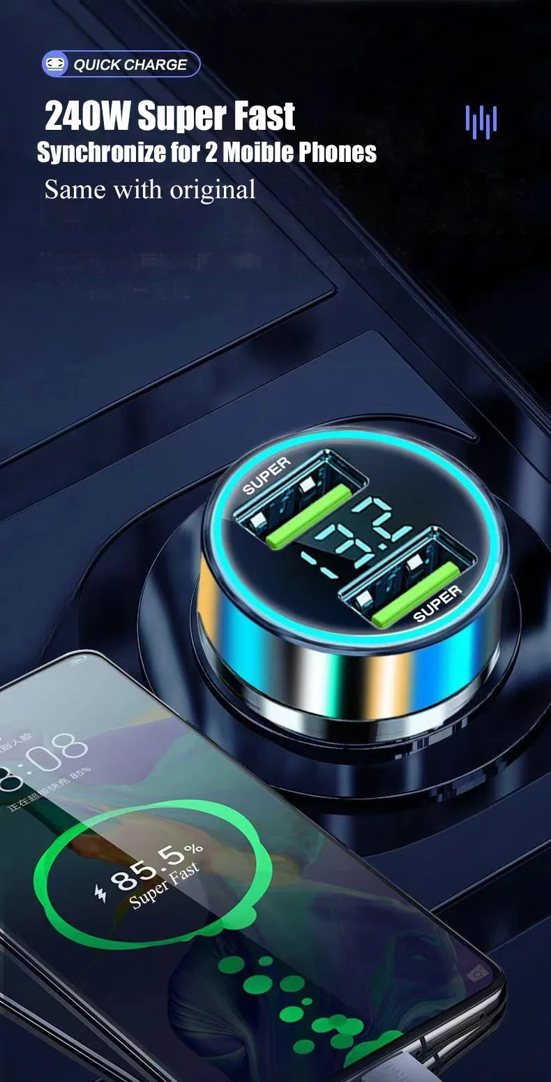 240W IWP Car Charger Fast Charging 2 USB Ports Adapter Quick Charging Chargers with Digital Display Car Usb Charger Accessories
