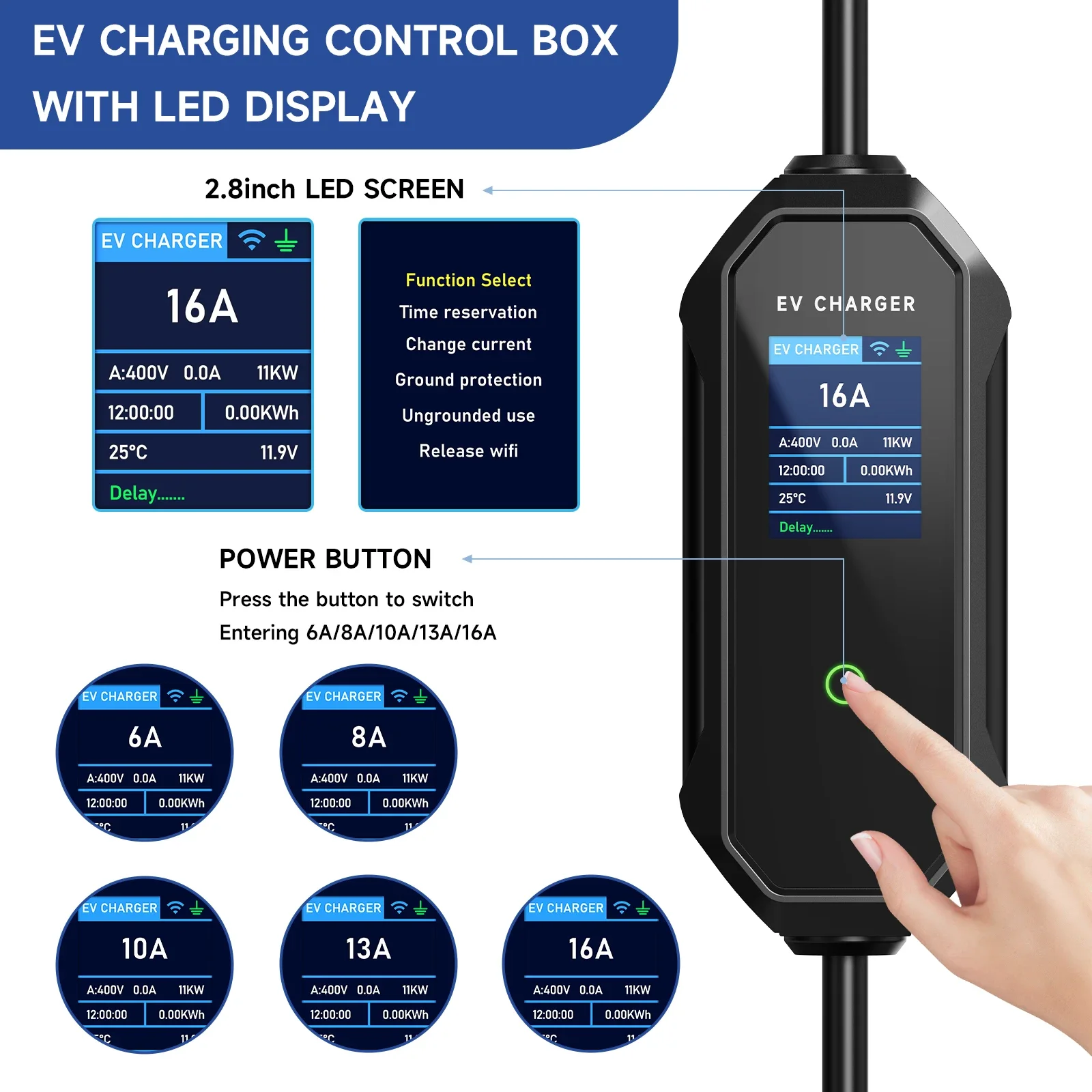 Alternative view of AFEEV Type 2 Portable EV Charger 11KW 16A 3Phase Wallbox IEC62196-2 EVSE Fast Charging Cable CEE Plug WIFI APP Bluetooth Control