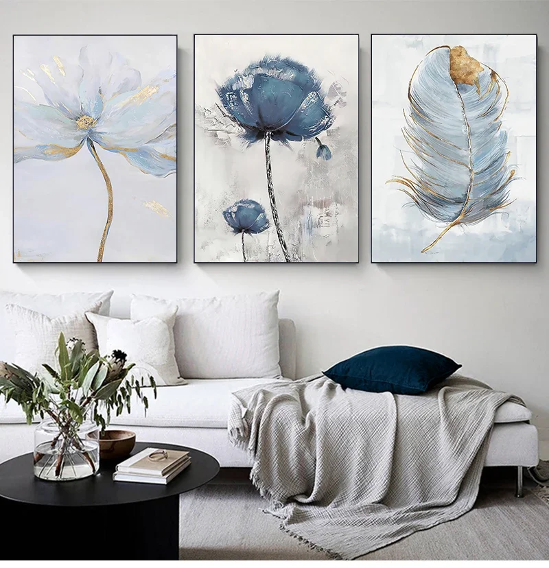 Alternative view of Nordic Modern Aesthetics Wall Art Blue Feather Flower Abstract Oil Poster and Print Home Bedroom Living Room Decoration Gift