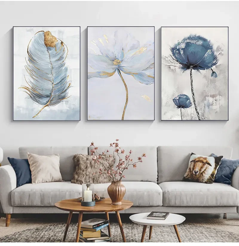 Nordic Modern Aesthetics Wall Art Blue Feather Flower Abstract Oil Poster and Print Home Bedroom Living Room Decoration Gift