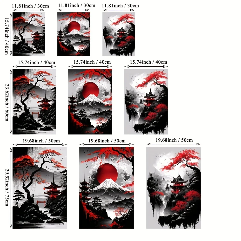 Alternative view of 3pcs Frameless Japanese Natural Landscape Canvas Painting Black And Red Posters Vintage Ink Art Wall Prints For Living Room Home
