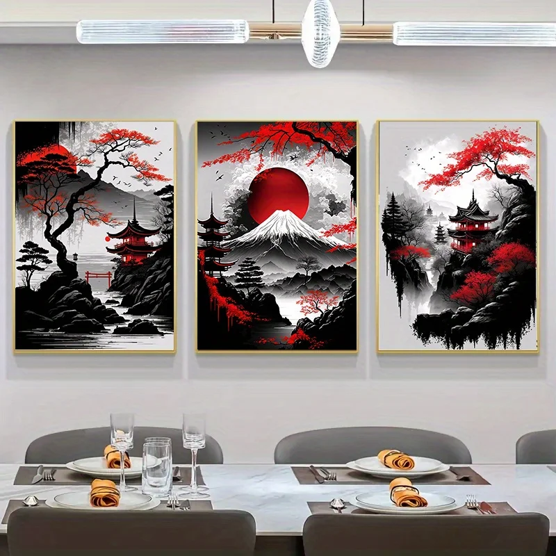 3pcs Frameless Japanese Natural Landscape Canvas Painting Black And Red Posters Vintage Ink Art Wall Prints For Living Room Home