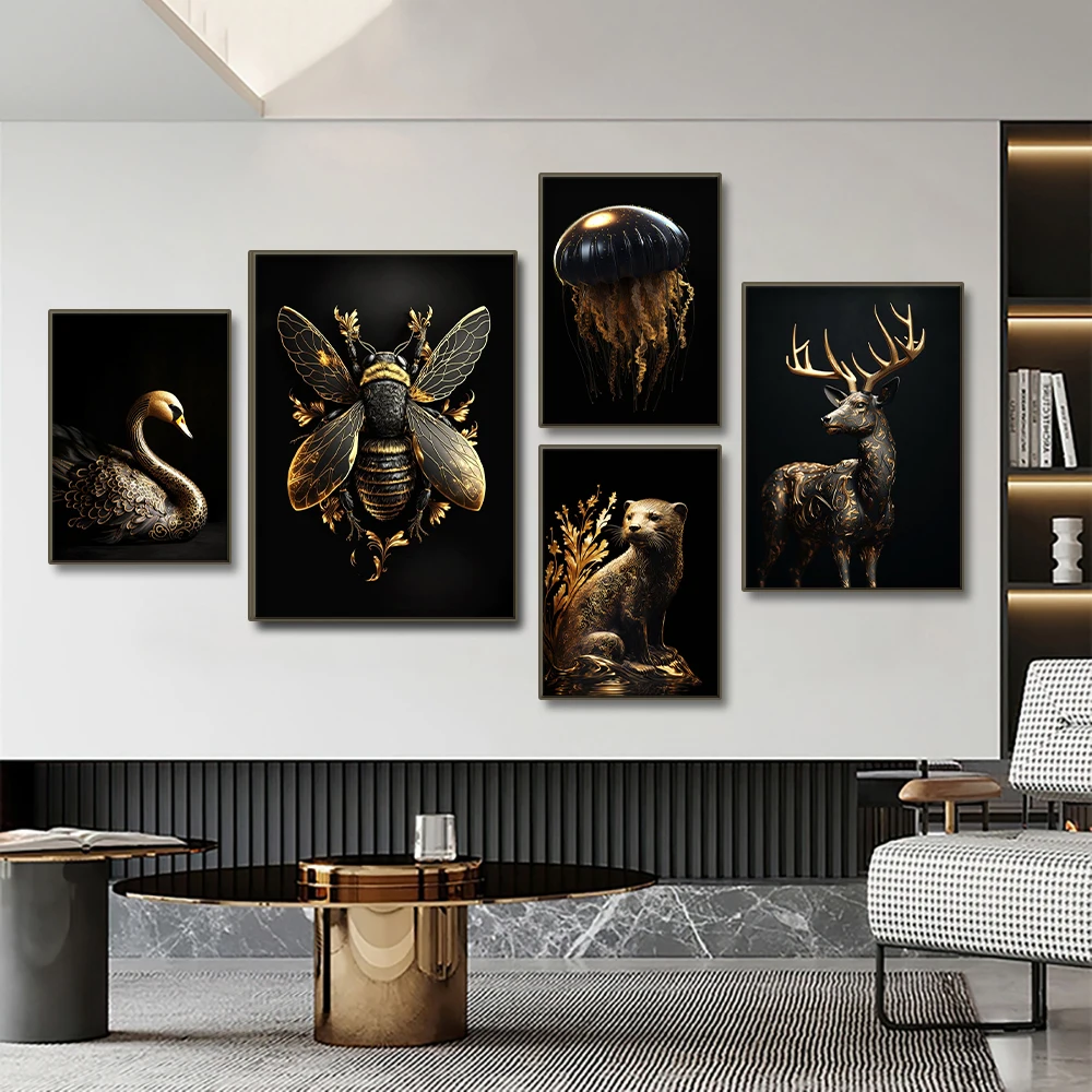 Alternative view of Black Gold Eagle Lion Canvas Painting Metal Poster Wall Art Nordic Deer Tiger Wolf Swan Aesthetic Picture for Living Room Decor