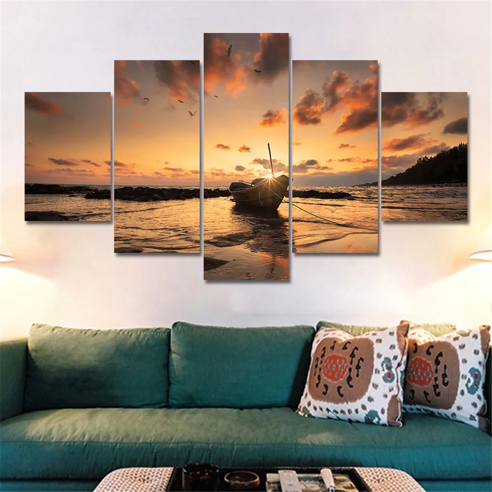 Alternative view of Wall Art Canvas Prints 5 Piece Seascape Painting Sunset Beach Boat Posters on the Wall Aesthetic Room Decor Bedroom Decoration