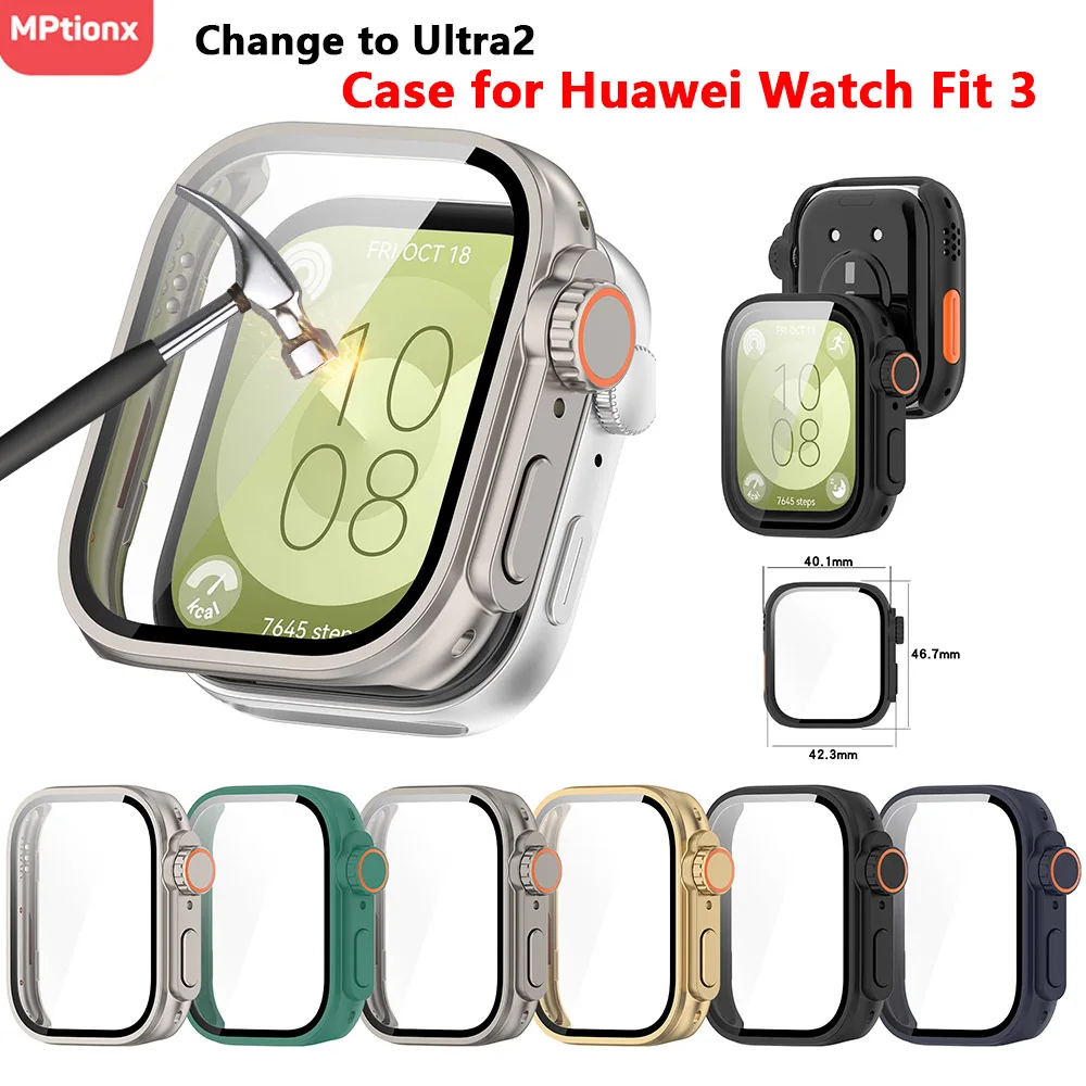 Change to Ultra PC Case+Glass For Huawei Watch Fit 3 Smart Watch Screen Protector for Huawei Fit 3 Upgrade to Ultra2 Accessories
