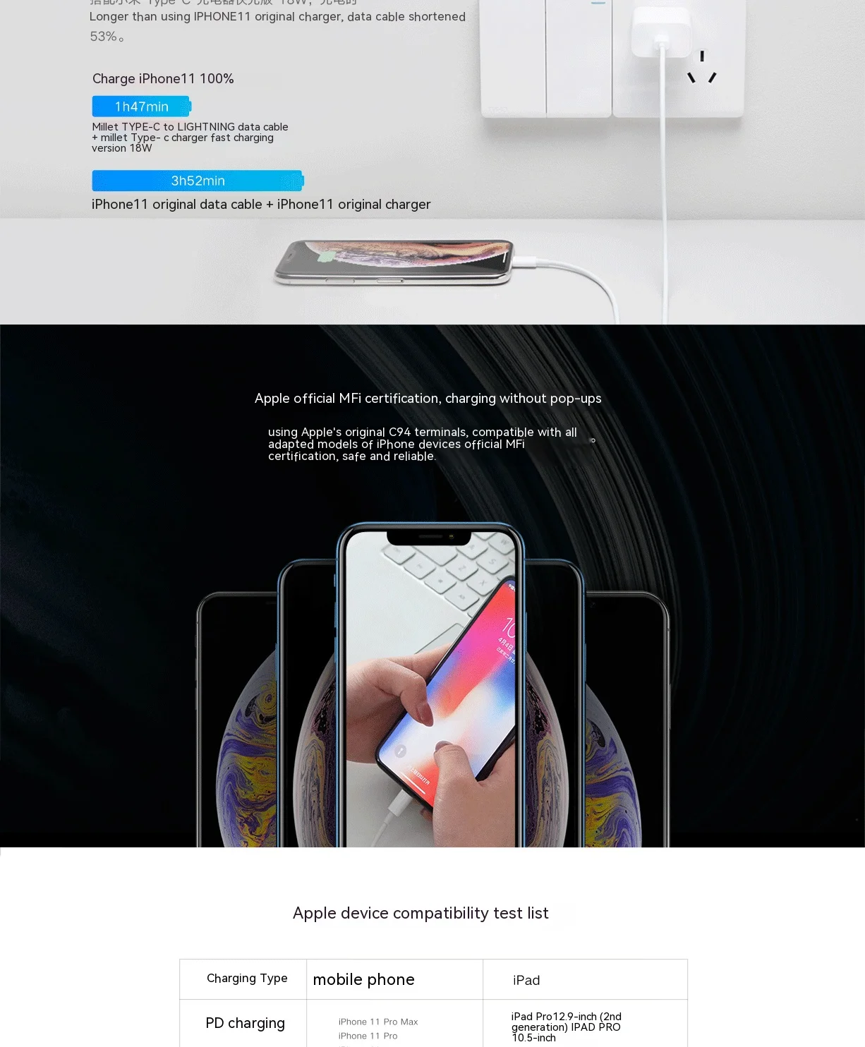 Alternative view of Xiaomi USB C -Lightning Cable for iPhone 14 13 12 11 Pro Max XS XR iPad PD 27W/20W Fast Charging Type C to Lighning Cable Data