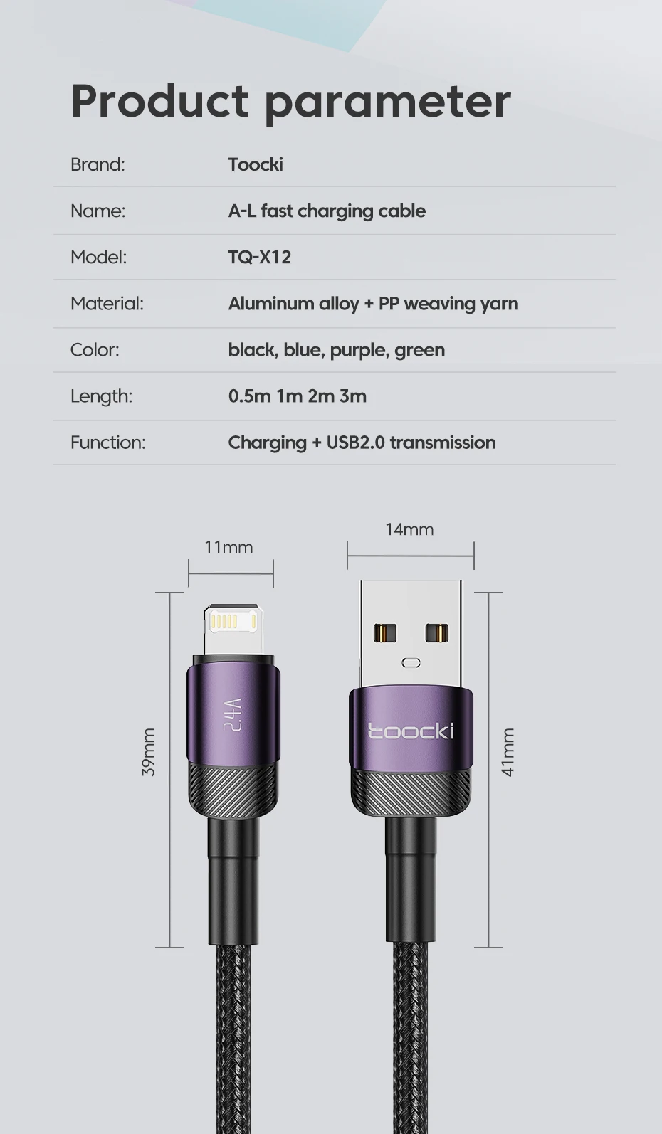 Toocki USB Cable For iPhone 14 13 12 Pro Max X XS XR 8 7 Plus iPad Fast Charging Charger Aluminum iP Cable For iPhone Data Cord