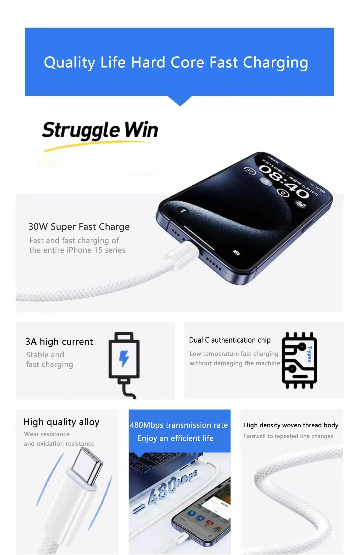 Original PD 60W USB C Fast Charger Cable For Apple iPhone 15 Pro Max 15 Pro 15 Puls USB-C Weaving Charging Data Line Accessories