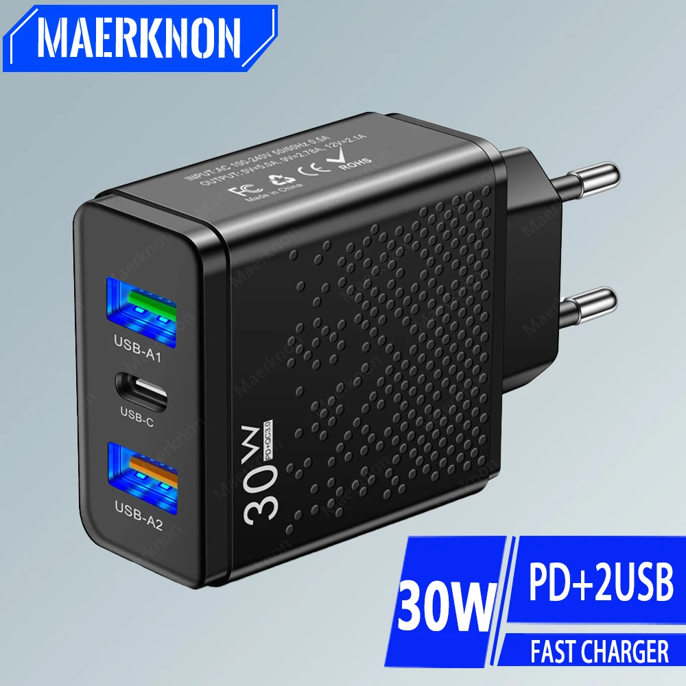 30W USB C Charger Fast Charging Type C PD Phone Charger Adapter For iPhone Samsung Huawei Xiaomi QC3.0 3 Ports USB Wall Charger