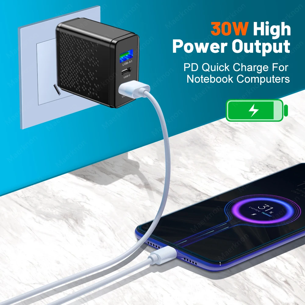 Alternative view of 30W USB C Charger Fast Charging Type C PD Phone Charger Adapter For iPhone Samsung Huawei Xiaomi QC3.0 3 Ports USB Wall Charger