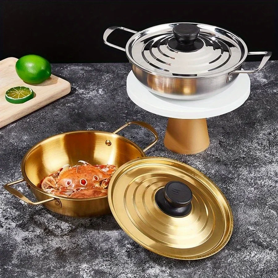Korean style spiral covered soup pot, stainless steel instant noodle pot, golden hot pot, double ear small pot soup pot milk pot
