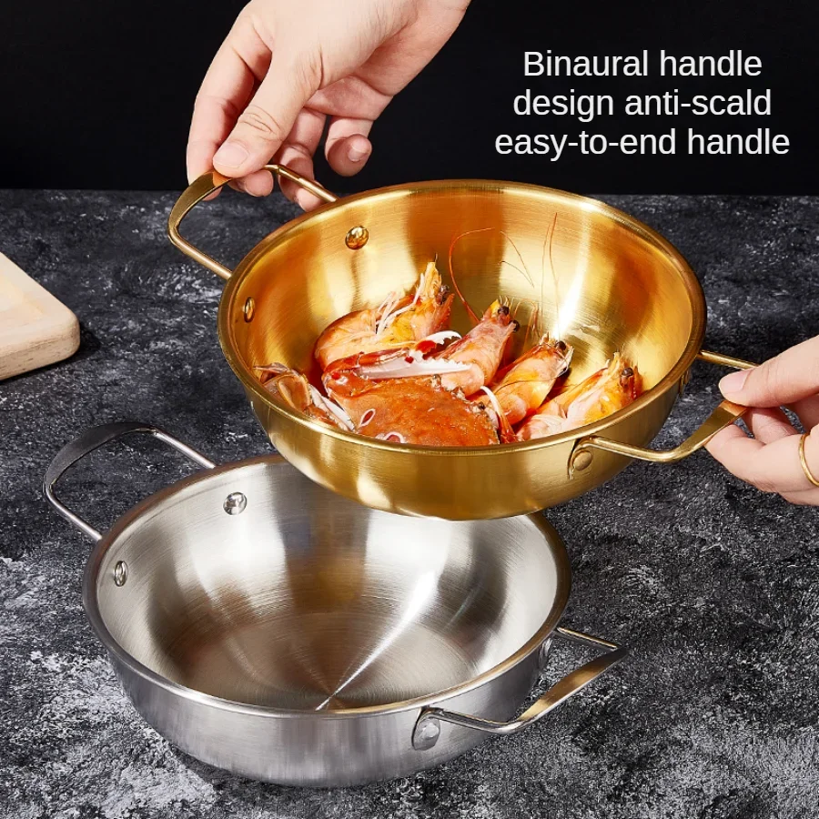 Alternative view of Korean style spiral covered soup pot, stainless steel instant noodle pot, golden hot pot, double ear small pot soup pot milk pot