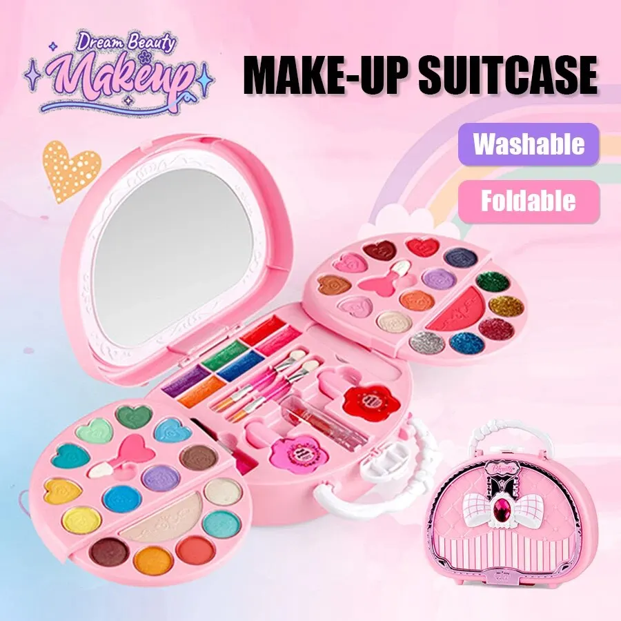 Kids Beauty Toys Makeup Kit Little Bag Washable Pretend Play Cosmetic Set Toys with Mirror Non-Toxic & Safe Birthday Gifts Girl