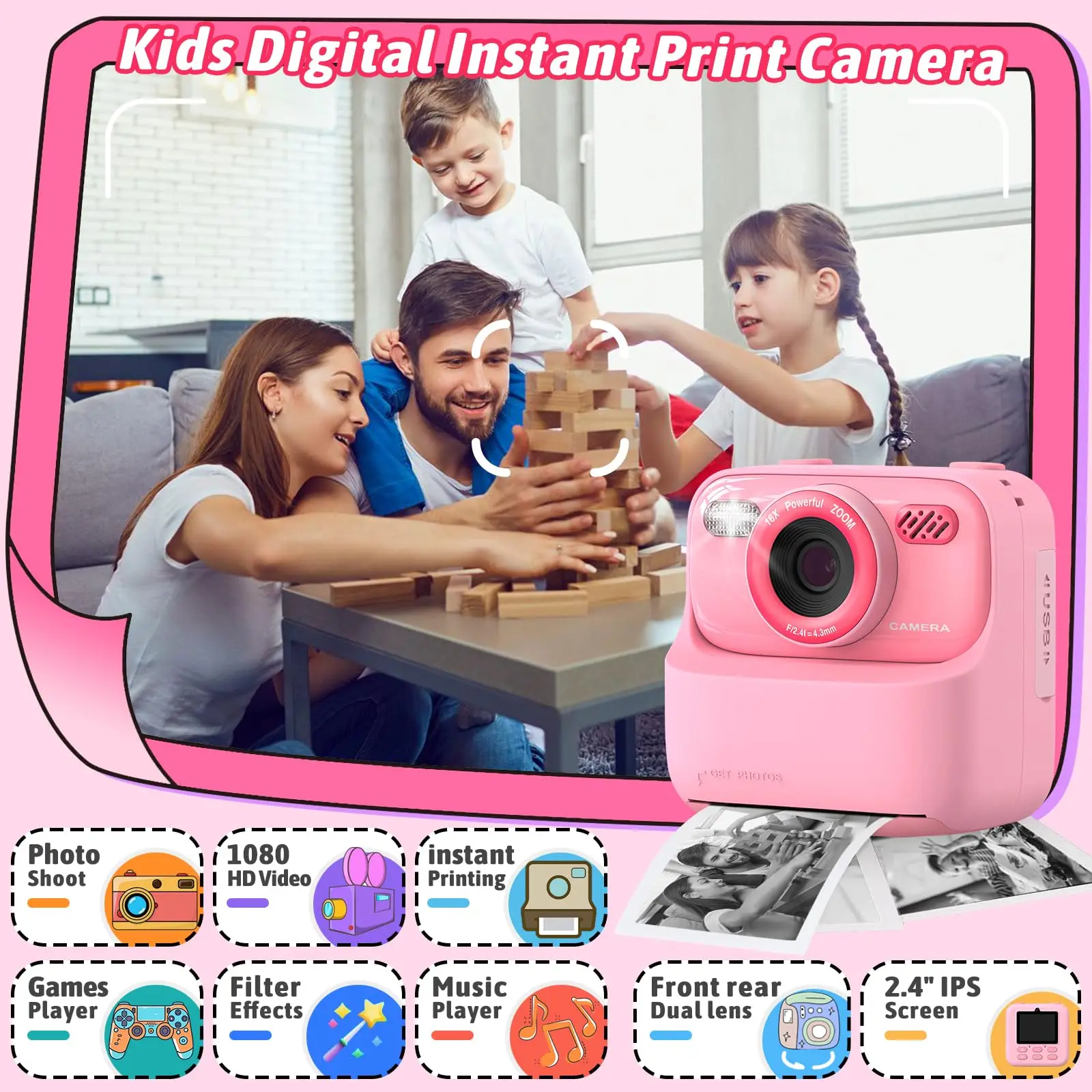 Alternative view of Upgrade Kids Camera Instant 1080P HD Dual Lens Selfie Digital Camera for Girls Boys Christmas Birthday Gifts Toys With 32G Print