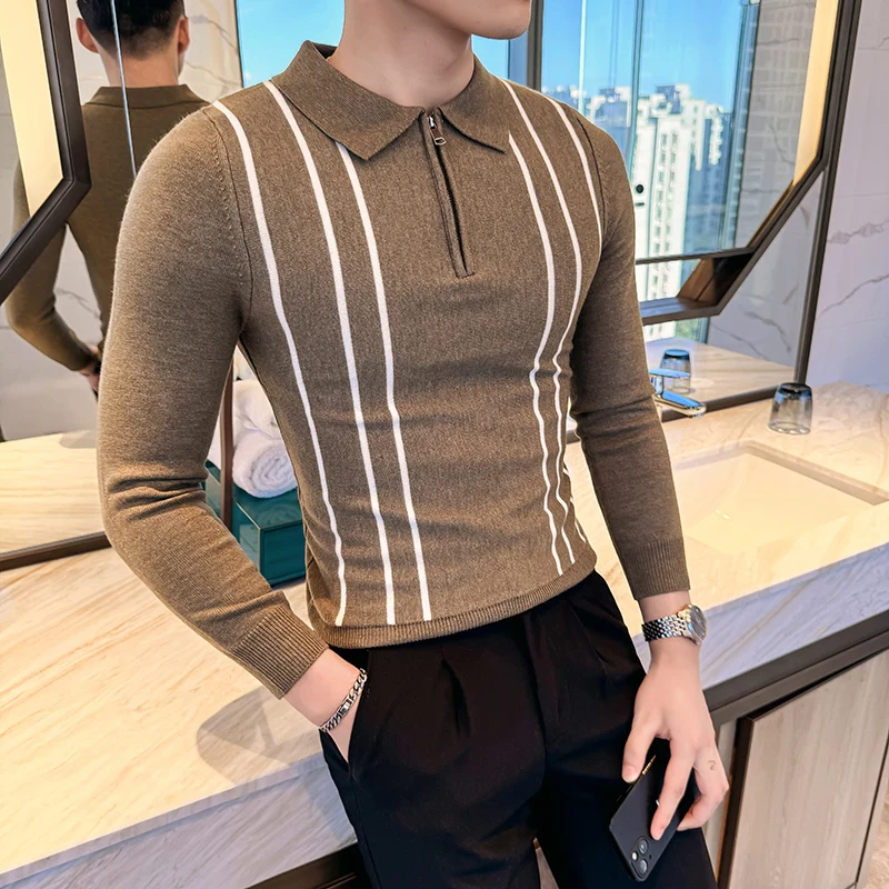 Autumn Winter Striped Sweater Men Quality Fashion Zipper Turn Down Collar Long Sleeve Men's Casual Sweaters Slim Fit Pull Homme