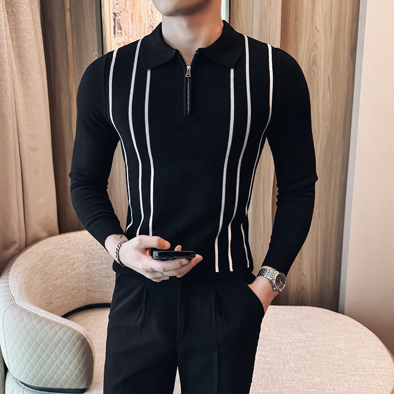 Alternative view of Autumn Winter Striped Sweater Men Quality Fashion Zipper Turn Down Collar Long Sleeve Men's Casual Sweaters Slim Fit Pull Homme